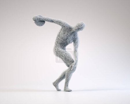 Téléchargez les photos : Statue d'athlète grecque en fil de fer lançant le disque. Symbole du sport. C'EST UNE ILLUSTRATION DE RENDER 3D. - en image libre de droit
