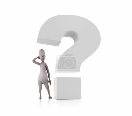 Photo for White question mark and thinking human character. THIS IS A 3D RENDER ILLUSTRATION. - Royalty Free Image