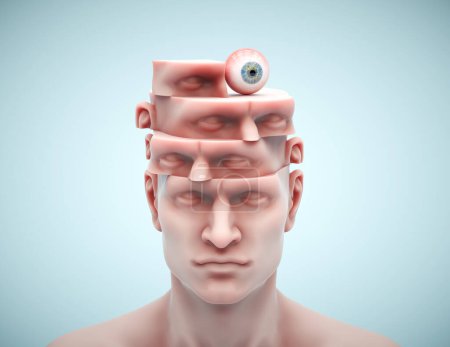 Téléchargez les photos : Une tête humaine tranchée avec un globe oculaire. Le concept visionnaire et analytique. Ceci est un rendu 3d - en image libre de droit