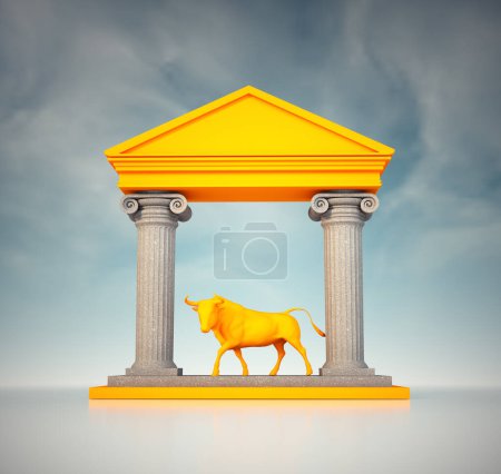 Téléchargez les photos : Taureau et colonnes romaines. Symbole des finances et des banques. Ceci est une illustration de rendu 3d - en image libre de droit