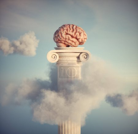 Téléchargez les photos : Cerveau sur la colonne romaine suggérant le concept de développement personnel et de soutien des connaissances. C'EST UNE ILLUSTRATION DE RENDER 3D. - en image libre de droit