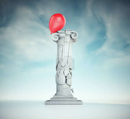 Téléchargez les photos : Ballon en vol qui détruit une colonne romaine. Le concept d'impossible et irréel. C'EST UNE ILLUSTRATION DE RENDER 3D. - en image libre de droit