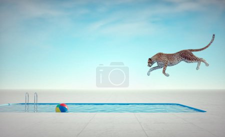 Cheetah jumping into o pool. THIS IS A 3D RENDER ILLUSTRATION.