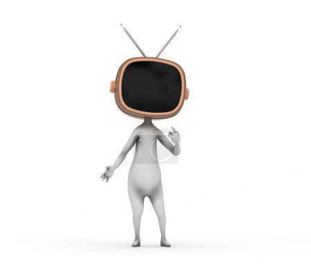Menschlicher Charakter mit Fernseher statt Kopf. Fake News und Propagandakonzept. Dies ist eine 3D-Darstellung.