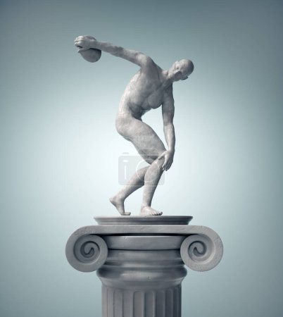 Estatua del atleta griego lanzando el disco. ESTO ES UNA ILUSTRACIÓN DE RENDER 3D.