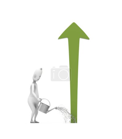 Photo for Human character watering a growing arrow with good ideas. This is a 3d render illustration - Royalty Free Image