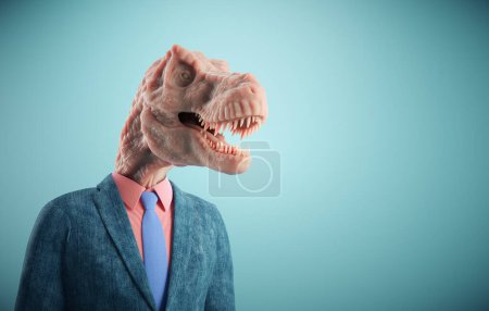 Téléchargez les photos : Un homme avec une tête de dinosaure. Le concept de prise de décision, d'agressivité et de pouvoir dans les affaires. Ceci est une illustration de rendu 3d - en image libre de droit