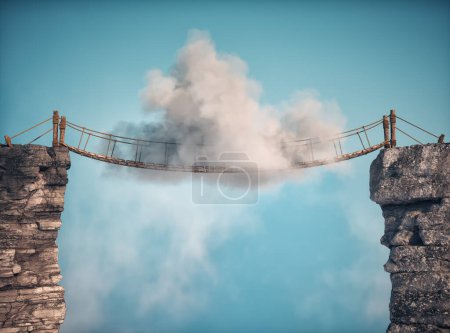 Photo for Surreal image of a cloud standing on a rope bridge. THIS IS A 3D RENDER ILLUSTRATION. - Royalty Free Image