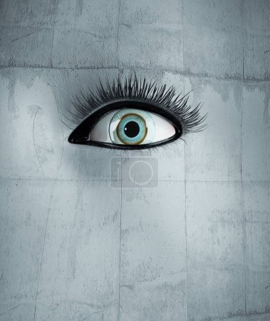 Téléchargez les photos : L'œil dans le mur. Le concept de surveillance et d'espionnage. Ceci est une illustration de rendu 3d - en image libre de droit
