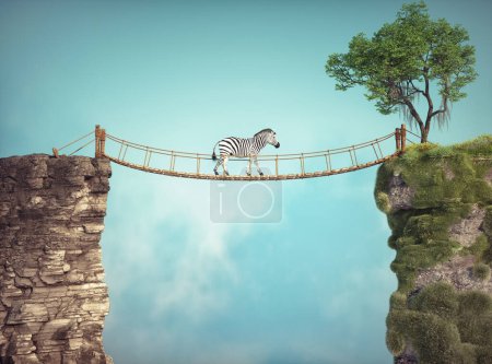 Foto de La cebra camina sobre un puente entre dos rocas. Asumir riesgos y concepto de destino. Esta es una ilustración de renderizado 3d - Imagen libre de derechos