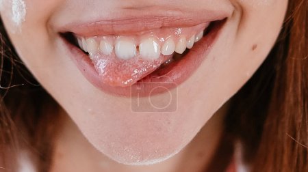 Photo for Close up of beauty woman teeth and tongue - Royalty Free Image
