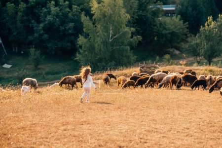 Foto de Hermoso prado con una niña y animales ovejas, la vida en la granja - Imagen libre de derechos