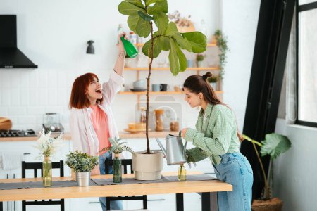 Photo for Two women is taking care of houseplants watering and spraying with water. - Royalty Free Image