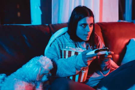 Foto de Un jugador o una chica streamer en casa en una habitación oscura con un controlador de juego y palomitas de maíz cubo jugando con su perro y se sienta delante de un monitor o TV. Foto de alta calidad - Imagen libre de derechos