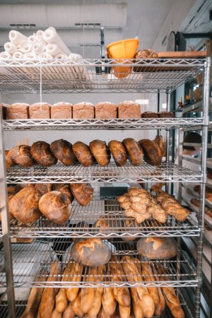 Téléchargez les photos : Beaucoup de pain fraîchement cuit à la boulangerie. Photo de haute qualité - en image libre de droit
