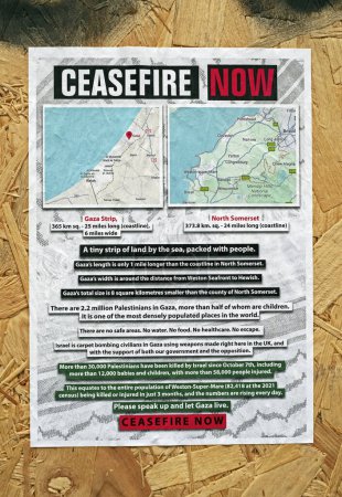 Téléchargez les photos : Affiche comparant Somerset Nord et Gaza et appelant à un cessez-le-feu à Gaza à Weston-super-Mare, Royaume-Uni le 12 janvier 2024. - en image libre de droit