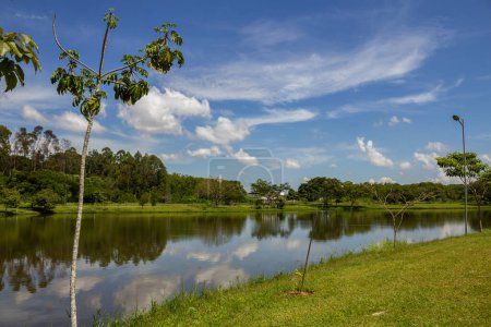 Foto de Un paisaje del Parque Leoldio di Ramos Caiado en la ciudad de Goinia con un pequeño lago que refleja el cielo. - Imagen libre de derechos
