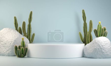 Foto de Estantes vacíos mínimos modernos de la exhibición del podio Cactus fondos azules del pastel 3d que rinden - Imagen libre de derechos