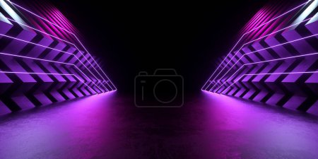 Photo for Stage Podium Corridor Hallway Modern Sci Fi Neon Light Glowing Laser Beam Lines On Concrete Floor Abstract Backgrounds Illustration 3d Rendering - Royalty Free Image