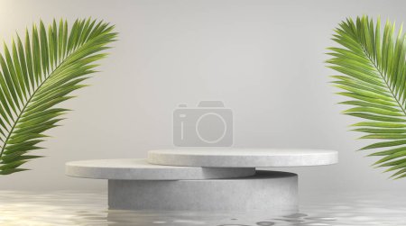 Téléchargez les photos : Étagères modernes d'affichage de ciment d'étape sur l'eau avec des feuilles de paume arrière-plan rendu 3d - en image libre de droit