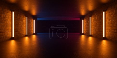Téléchargez les photos : Le béton de tunnel de couloir de couloir de scène souterrain a mené la lumière fluorescente éclairant des arrière-plans abstraits Illustration 3d rendu - en image libre de droit