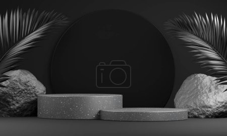 Téléchargez les photos : 3d rendu moderne Black Podium Display Nature Concept Illustration Arrière-plans - en image libre de droit