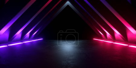 Téléchargez les photos : Moderne Cyber électrique Triangle tunnel couloir néon lumière lumineux abstrait arrière-plans Illustration 3d rendu - en image libre de droit