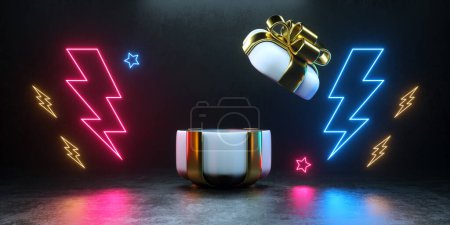 Photo for Mock Opening Gift Box Celebrate Sale With Neon Thunder Led Light Backgrounds Illustration 3d Rendering - Royalty Free Image