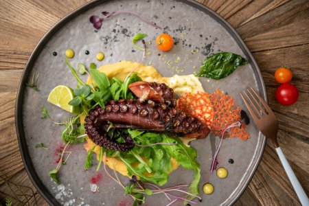 Photo for Grilled octopus tentacle with mashed vegetables and microgreen - Royalty Free Image