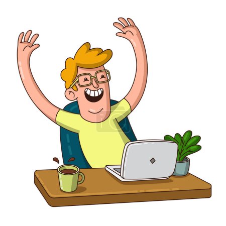 Illustration for A cheerful man raises their hands in triumph while working on a laptop. A cup of coffee and a potted plant set the scene for a victorious moment, be it a successful online purchase or a job well done - Royalty Free Image