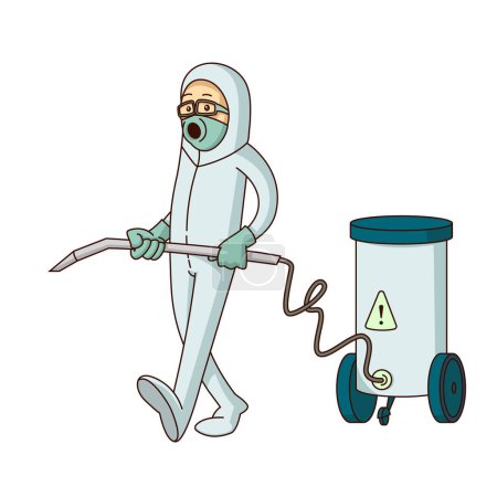 Ilustración de Una persona con un traje protector blanco y máscara, sosteniendo un pulverizador conectado a un barril químico. Ya sea neutralizando sustancias peligrosas o combatiendo amenazas biológicas - Imagen libre de derechos