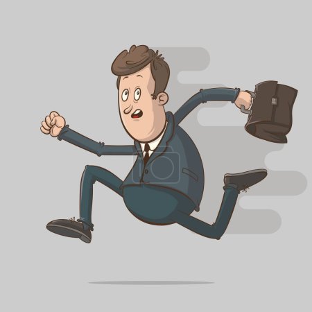 Illustration for A businessman, clutching a leather briefcase, sprints nervously to a vital meeting. His alarmed expression mirrors anxiety, highlighting the high stakes of this hurried professional moment - Royalty Free Image