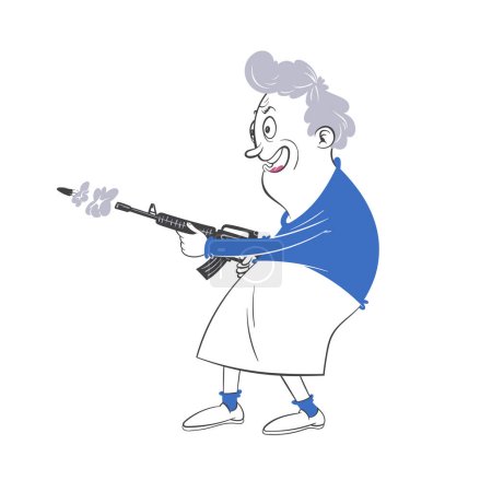 Ilustración de Una anciana enérgica, con una expresión un poco loca, dispara una ametralladora. Rebelión o signos tempranos de excentricidad senil en esta ilustración estilo caricatura - Imagen libre de derechos