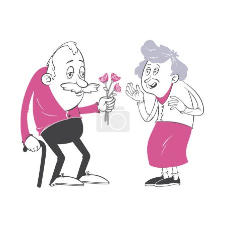 Illustration for A mustached senior leans on a cane, offering a bouquet to a joyful elderly woman. A cartoon illustration of love and kindness - Royalty Free Image