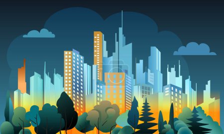 Illustration for Flat design cityscape in cold and warm colors, modern vector illustration of simple city skyline with trees and bushes, skyscrapers, clouds - Royalty Free Image