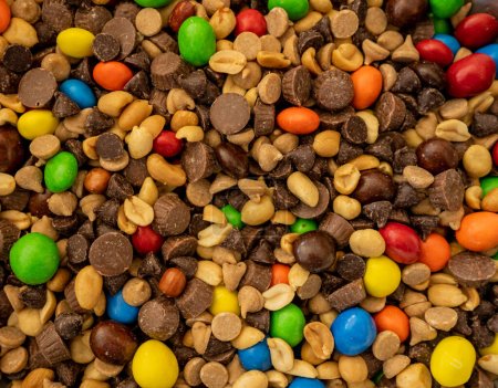 Peanut Trail Mix Fills The Frame with a mix of nuts, chcolate and peanut butter chips, and candies