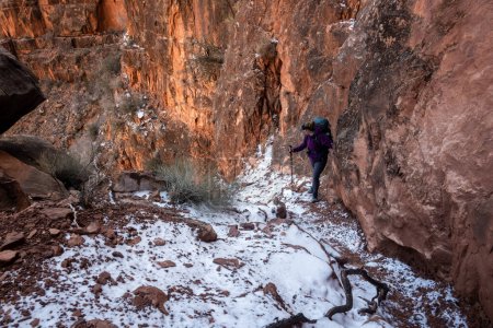 Foto de Senderista hace una pausa a mitad de camino de una caída de roca cubierta de nieve a lo largo del sendero Boucher en el Gran Cañón - Imagen libre de derechos