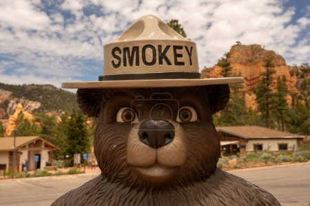 Téléchargez les photos : Cedar Breaks National Monument, États-Unis : 21 juin 2023 : Gros plan de la statue d'ours fumé dans la forêt nationale de Dixie - en image libre de droit
