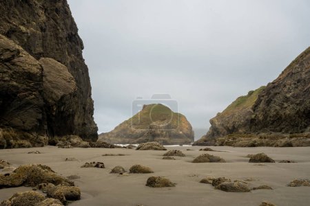 Large Sea Stack Covered In Green Grass Stands Between More Stacks At Low Tide along the Oregon Coast