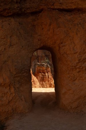 Kleiner Hoodoo im Tunnel durch dicke orangefarbene Wand im Bryce Canyon