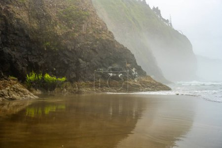 Couches de brouillard et de falaise le long de la côte de l'Oregon le soir d'été Moody