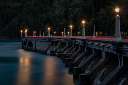 Long Streams Of Break Lights Cross Diablo Dam in North Cascades