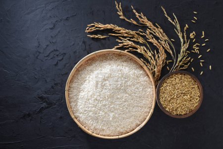 Paddy and rice in baskets placed on a black background.