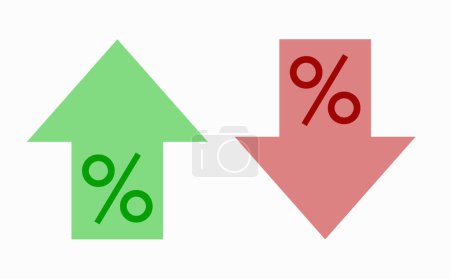 Prozentual erhöhte und verringerte Symbole. Prozent rauf und runter Pfeil im flachen Stil. Rote und grüne Pfeile.