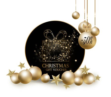 Illustration of merry christmas voucher card with golden christmas bulbs