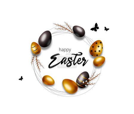 Foto de Ilustración de la feliz tarjeta de felicitación de Pascua con huevos dorados y negros - Imagen libre de derechos