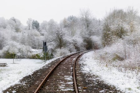 Téléchargez les photos : Chemin de fer menant à travers un paysage enneigé en hiver - en image libre de droit