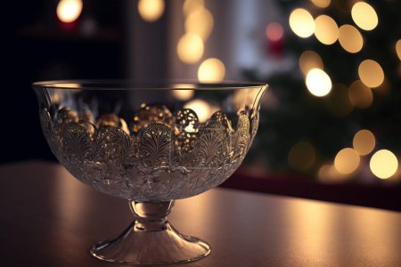 Téléchargez les photos : Gros plan de bol en verre avec des ornements en argent et bokeh en arrière-plan - en image libre de droit