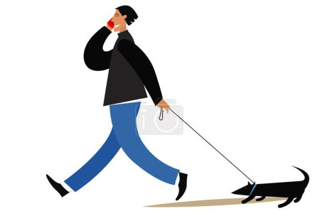 Foto de Un hombre camina con un perro con correa y habla por teléfono. Fondo blanco - Imagen libre de derechos