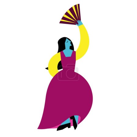 Téléchargez les illustrations : Femme avec un ventilateur en danse. Fond blanc - en licence libre de droit